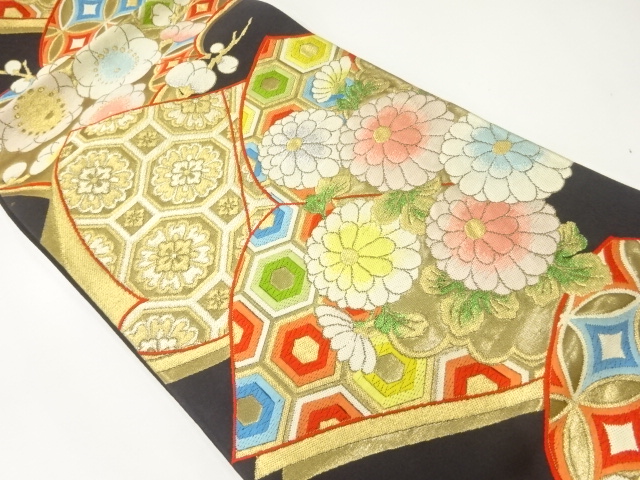 アンティーク　読本に梅菊・古典柄模様織出し袋帯（材料）